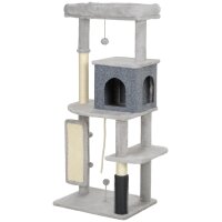 132 cm Katzenbaum mit Kratzpfosten, Bett, Haus, Sprungplattformen, Pflegebürste, Hellgrau