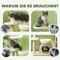 Kratzbaum mit Katzenhöhle, Spielball und Plattform, Schilfrohr/Sisal, bis 10 kg, 60 x 40 x 79 cm, Cremeweiß