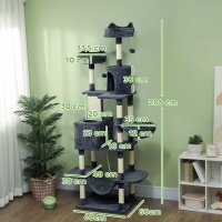 Kratzbaum 206 cm Katzenturm mit Höhle, 2 Spielballen, Sisalstämme, Plattform für große Katzen, Dunkelgrau