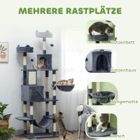 Kratzbaum 206 cm Katzenturm mit Höhle, 2 Spielballen, Sisalstämme, Plattform für große Katzen, Dunkelgrau