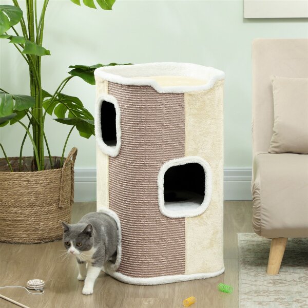 Kratztonne für Katzen, Katzenbaum, 3 Ebenen, robust, weicher Plüsch, Rückzugsort, Beige