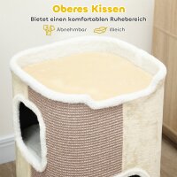 Kratztonne für Katzen, Katzenbaum, 3 Ebenen, robust, weicher Plüsch, Rückzugsort, Beige