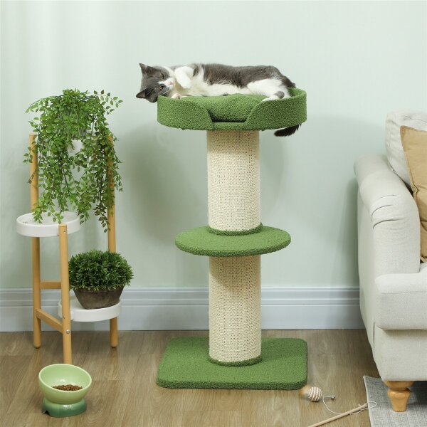 Katzenbaum 91cm Spielbaum mit Katzenbett, Plattform Lammwolle Grün