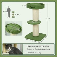 Katzenbaum 91cm Spielbaum mit Katzenbett, Plattform Lammwolle Grün