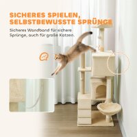 Kratzbaum 140 cm Katzenturm mit Hängematte, Leiter, Höhle, 2 Plüschballen, Sisalstämme, 48 x 48 x 140 cm, Beige