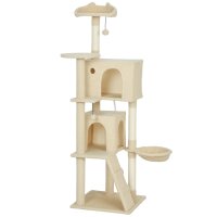 Kratzbaum 160 cm Katzenturm mit Hängematte, Leiter, Höhle, 2 Plüschballen, Sisalstämme, 48 x 48 x 160 cm, Beige