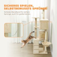 Kratzbaum 160 cm Katzenturm mit Hängematte, Leiter, Höhle, 2 Plüschballen, Sisalstämme, 48 x 48 x 160 cm, Beige