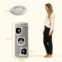 Katzenkratzfass, 96 cm, 4-Ebenen-Katzenturm mit waschbarem Bett, 3 Schlafhöhlen, Hängespielzeug, für mehrere Katzen Grau