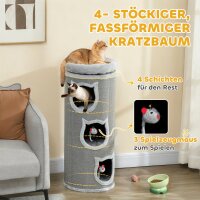 Katzenkratzfass, 96 cm, 4-Ebenen-Katzenturm mit waschbarem Bett, 3 Schlafhöhlen, Hängespielzeug, für mehrere Katzen Grau