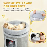 Katzenkratzfass, 96 cm, 4-Ebenen-Katzenturm mit waschbarem Bett, 3 Schlafhöhlen, Hängespielzeug, für mehrere Katzen Grau