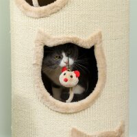 Katzenkratzfass, 96 cm, 4-Ebenen-Katzenturm mit waschbarem Bett, 3 Schlafhöhlen, Hängespielzeug, für mehrere Katzen Grau