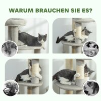 Kratzbaum 114 cm Katzenturm mit Höhle, Sisalstämme, Plattform, mehrstöckig ür mittelgroße Katzen unter 6 kg, Hellgrau