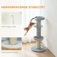 Katzenkratzbaum, Sisalpfosten, mehrstufig, Plüschstoff, hängende Kugel, Hellgrau