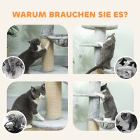 Katzenkratzbaum, Sisalpfosten, mehrstufig, Plüschstoff, hängende Kugel, Hellgrau