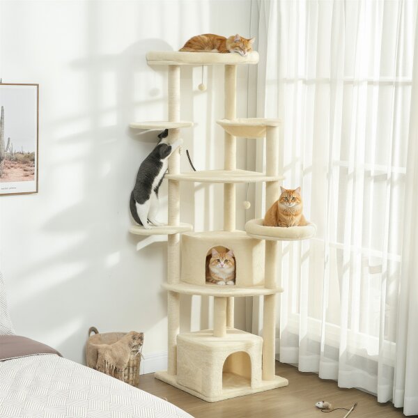 2 Meter hoher Kratzbaum Große für 2-3 Katzen, Kratzpfosten, Höhlen, Hängematte, Verstecke, mehrstöckiges Design, Sisal, Holz, Plüsch, Beige
