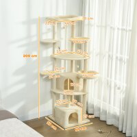 2 Meter hoher Kratzbaum Große für 2-3 Katzen, Kratzpfosten, Höhlen, Hängematte, Verstecke, mehrstöckiges Design, Sisal, Holz, Plüsch, Beige