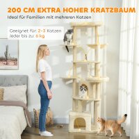 2 Meter hoher Kratzbaum Große für 2-3 Katzen, Kratzpfosten, Höhlen, Hängematte, Verstecke, mehrstöckiges Design, Sisal, Holz, Plüsch, Beige