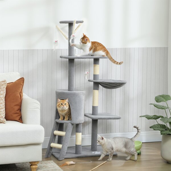 Kratzbaum Katzenbaum mit Höhle, 4 Spielzeuge, Sisalstämme, große Plattform, Treppe, für Katzen unter 5 kg, Grau