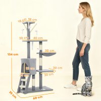 Kratzbaum Katzenbaum mit Höhle, 4 Spielzeuge, Sisalstämme, große Plattform, Treppe, für Katzen unter 5 kg, Grau