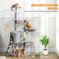 Kratzbaum Katzenbaum mit Höhle, 4 Spielzeuge, Sisalstämme, große Plattform, Treppe, für Katzen unter 5 kg, Grau