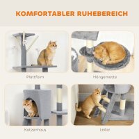 Kratzbaum Katzenbaum mit Höhle, 4 Spielzeuge, Sisalstämme, große Plattform, Treppe, für Katzen unter 5 kg, Grau
