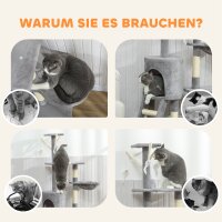 Kratzbaum Katzenbaum mit Höhle, 4 Spielzeuge, Sisalstämme, große Plattform, Treppe, für Katzen unter 5 kg, Grau