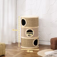 Kratztonne, 79 cm hoch, Ø45 cm, dreistöckige Katzentonne mit Sisalseil, Katzenhöhle, für große Katzen, Khaki+Braun