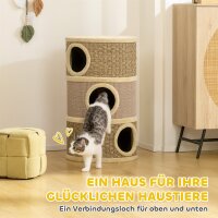 Kratztonne, 79 cm hoch, Ø45 cm, dreistöckige Katzentonne mit Sisalseil, Katzenhöhle, für große Katzen, Khaki+Braun