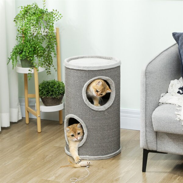 Kratztonne, 60 cm Hoch Ø 35 cm zweistöckige Katzentonne mit 2 Höhle, Plüschrand, für 1-2 Katzen bis 5 kg, Hellgrau