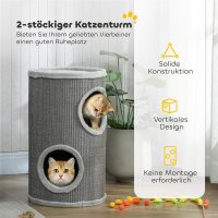 Kratztonne, 60 cm Hoch Ø 35 cm zweistöckige Katzentonne mit 2 Höhle, Plüschrand, für 1-2 Katzen bis 5 kg, Hellgrau