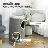 Kratztonne, 60 cm Hoch Ø 35 cm zweistöckige Katzentonne mit 2 Höhle, Plüschrand, für 1-2 Katzen bis 5 kg, Hellgrau