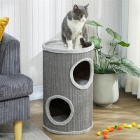 Kratztonne, 60 cm Hoch Ø 35 cm zweistöckige Katzentonne mit 2 Höhle, Plüschrand, für 1-2 Katzen bis 5 kg, Hellgrau