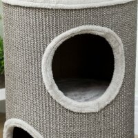 Kratztonne, 60 cm Hoch Ø 35 cm zweistöckige Katzentonne mit 2 Höhle, Plüschrand, für 1-2 Katzen bis 5 kg, Hellgrau