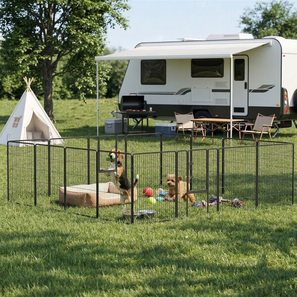 Welpenauslauf, modulares Design, 16 Elemente, 2 Türen, wetterfest, Stahl, 3,2 x 3,2 x 1 m, grau