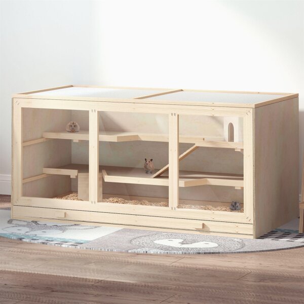 Hamsterkäfig aus Holz 3 Etagen Nagerkäfig mit reinigbar Ablage Kleintierkäfig mit klappbarem Deckel Treppen Holzkäfig Käfig für Hamster Zwerghamster 115 x 57 x 55 cm Naturholz