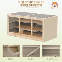 Hamsterkäfig aus Holz 3 Etagen Nagerkäfig mit reinigbar Ablage Kleintierkäfig mit klappbarem Deckel Treppen Holzkäfig Käfig für Hamster Zwerghamster 115 x 57 x 55 cm Naturholz