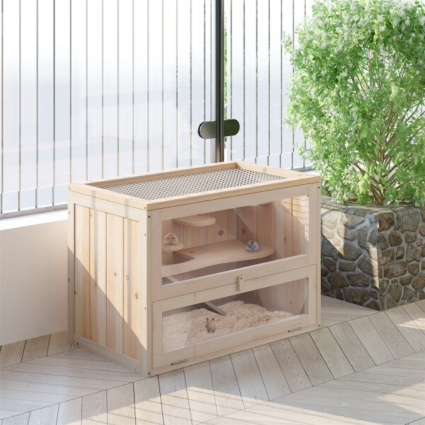 Hamsterkäfig aus Holz 2 Etagen 60 x 35 x 42 cm Nagerkäfig Kleintierkäfig mit aufklappbarem Gitterdach Trinkflasche Rampe Wippe Fütterungsstation Mäusekäfig für Zwerghamster Naturholz
