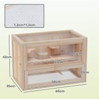 Hamsterkäfig aus Holz 2 Etagen 60 x 35 x 42 cm Nagerkäfig Kleintierkäfig mit aufklappbarem Gitterdach Trinkflasche Rampe Wippe Fütterungsstation Mäusekäfig für Zwerghamster Naturholz
