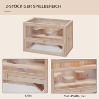 Hamsterkäfig aus Holz 2 Etagen 60 x 35 x 42 cm Nagerkäfig Kleintierkäfig mit aufklappbarem Gitterdach Trinkflasche Rampe Wippe Fütterungsstation Mäusekäfig für Zwerghamster Naturholz