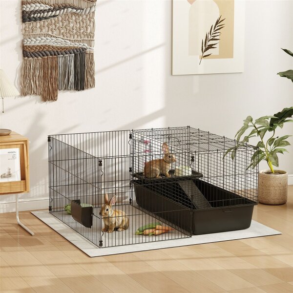 Kleintierkäfig mit abnehmbaren Gehege, Laufgitter mit Stall, inkl, Zubehör, Schwarz