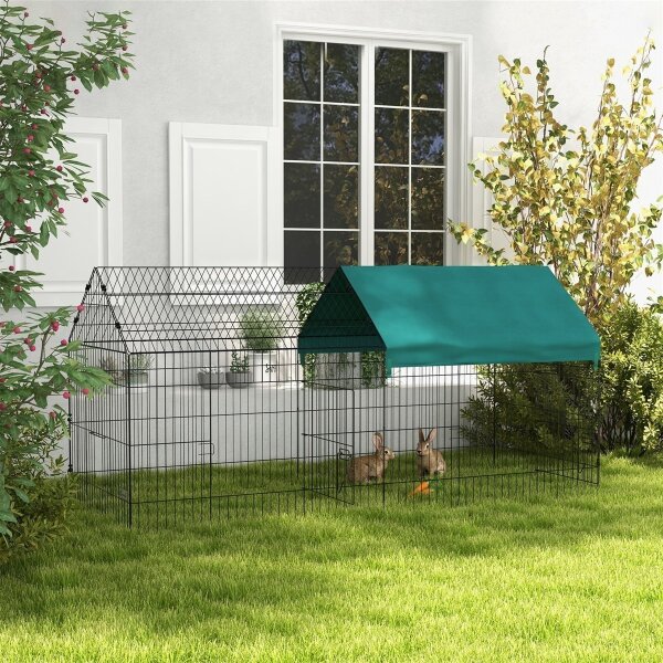 Kleintiergehege mit Dach, 4 Türen, wetterfest, Stahl/Polyester, 220x85x103cm, Grün/Schwarz