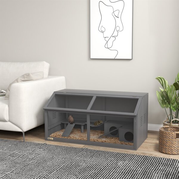 Kleintierkäfig Nagerkäfig, mit Zubehör, Tannenholz,100 cm x 52 cm x 50 cm, Grau