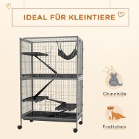 Kleintierkäfig mit Hängematte, Nagetierkäfig mit Rollen, 4-stöckiger Käfig, Metall, Kunststoff, 80 x 52 x 128 cm, Grau