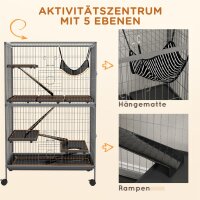 Kleintierkäfig mit Hängematte, Nagetierkäfig mit Rollen, 4-stöckiger Käfig, Metall, Kunststoff, 80 x 52 x 128 cm, Grau