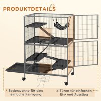Kleintierkäfig mit Hängematte, Nagetierkäfig mit Rollen, 4-stöckiger Käfig, Metall, Kunststoff, 80 x 52 x 128 cm, Grau
