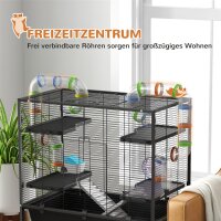 Hamsterkäfig mit Röhren, Laufrad, Häuschen, Wasserspender, Ablagefläche, Schwarz