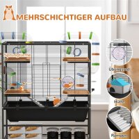 Hamsterkäfig mit Röhren, Laufrad, Häuschen, Wasserspender, Ablagefläche, Schwarz