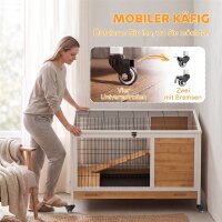 Kaninchenstall aus Holz Hasenstall mit 2 Etagen Klappdach Rädern Zwei Eingängen Rampe Ausziehbarem Tablett 90x53x59cm