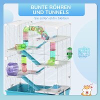 6-stöckiger Hamsterkäfig mit Röhren, Tunnels, Hütte, Laufrad, Futterschale, Wasserflasche, Rampen, Hellblau