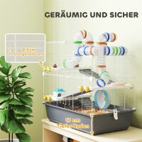 Zwerghamsterkäfig, 4 Ebenen, Tunnelsystem, Hütte, Zubehör, obere Öffnung, 78 x 45 x 73 cm, Grau